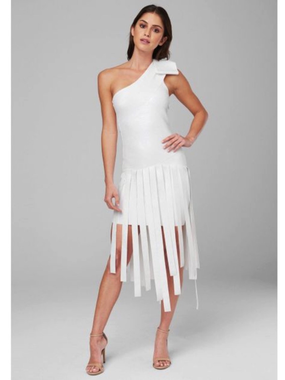 Bebe Dress Bandage Fringe Bodycon Fitted Stretch Iridescent Foil White